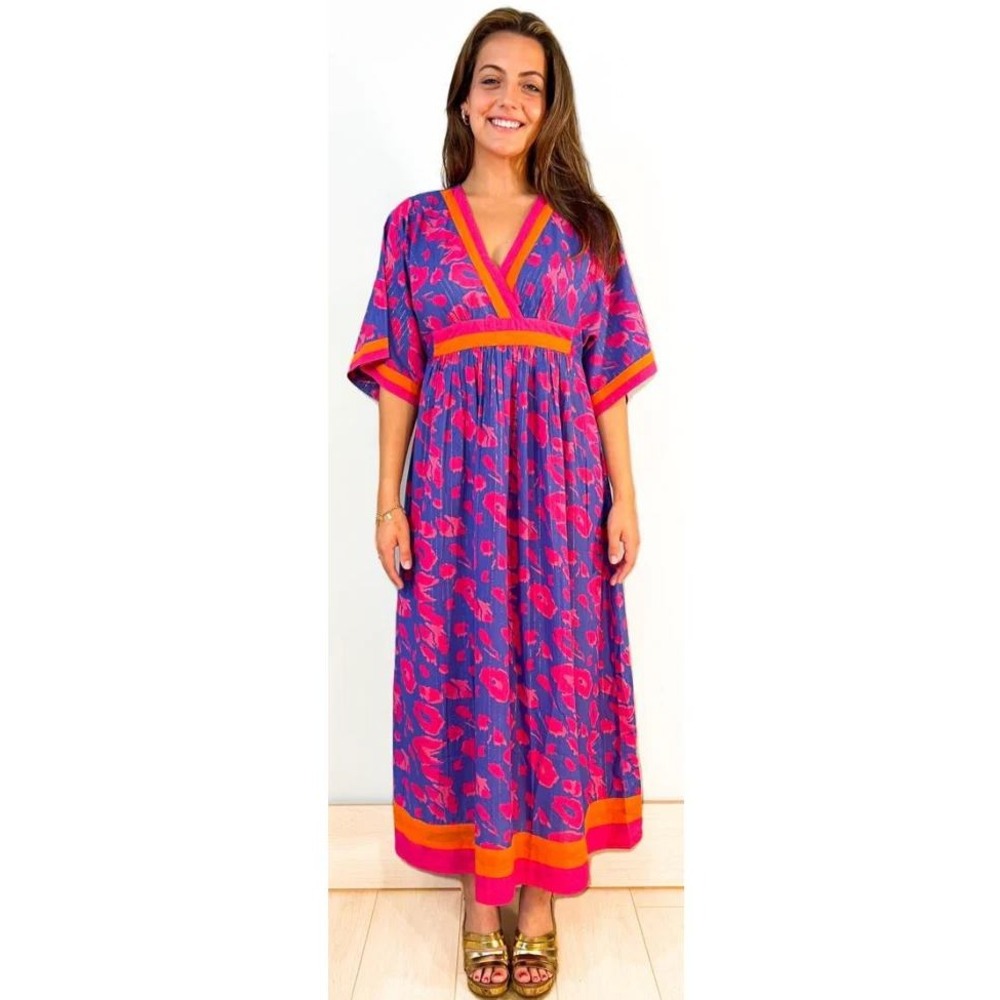 La Plage Leopard Surf Vintage Kaftan Cotton Midi‎ Dress Pink Purple Orange Small